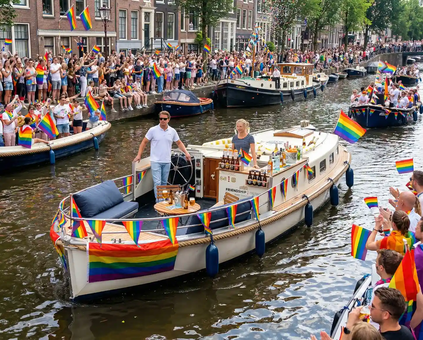 Personeelsfeest op versierde boten tijdens een vaart door Amsterdam