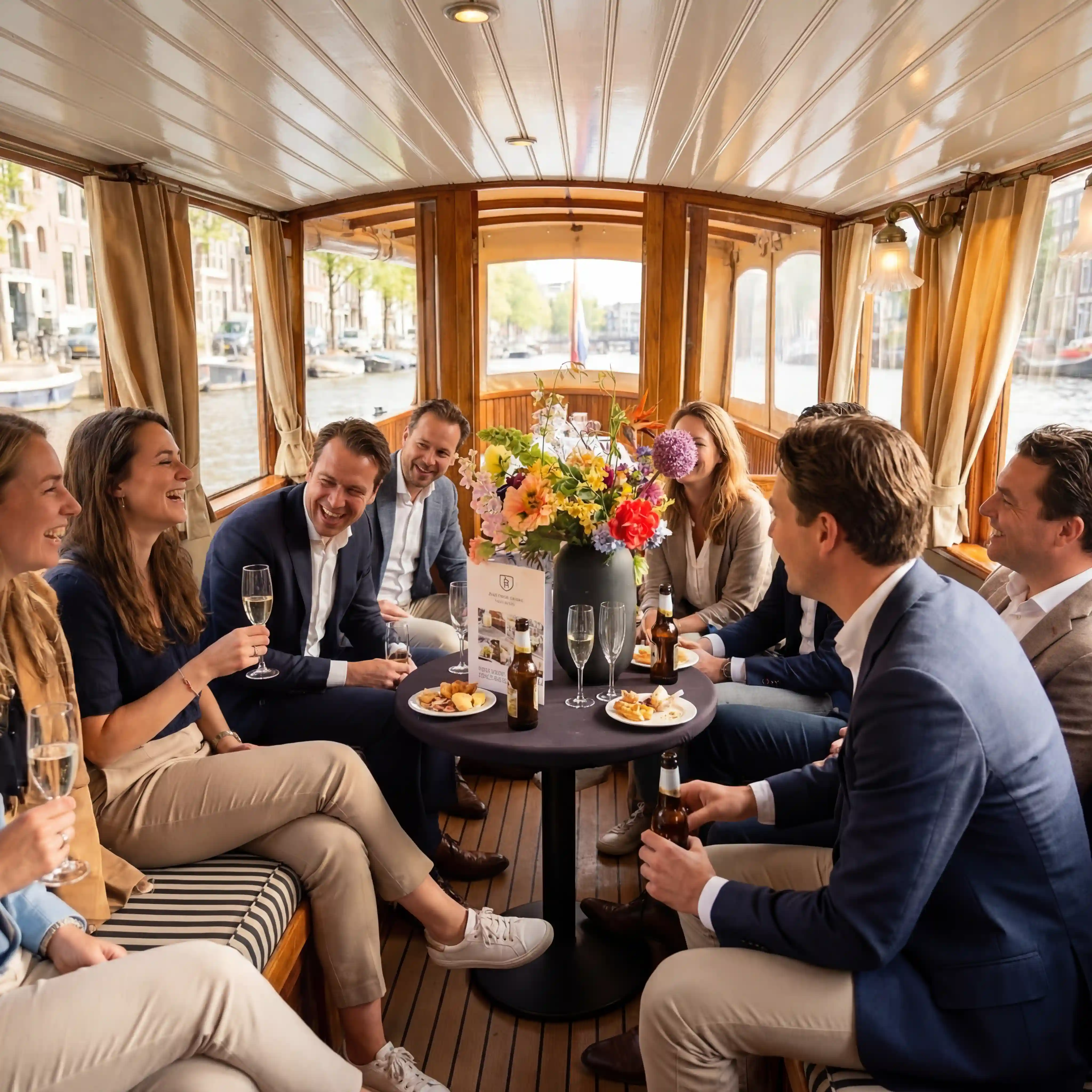 Gasten met drankjes aan een tafel aan boord in Amsterdam